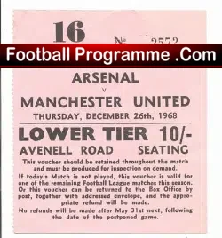 Arsenal v Manchester United 1968 – Ticket Stub