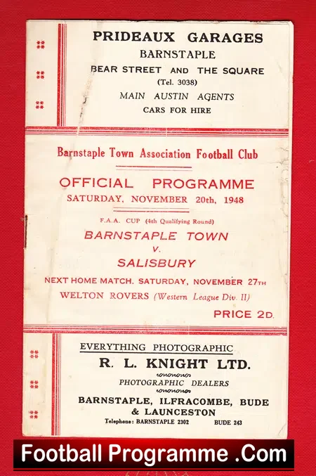Barnstaple Town v Salisbury Town 1948 – 1940s Programme