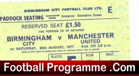 Birmingham City v Manchester United 1977 – Ticket