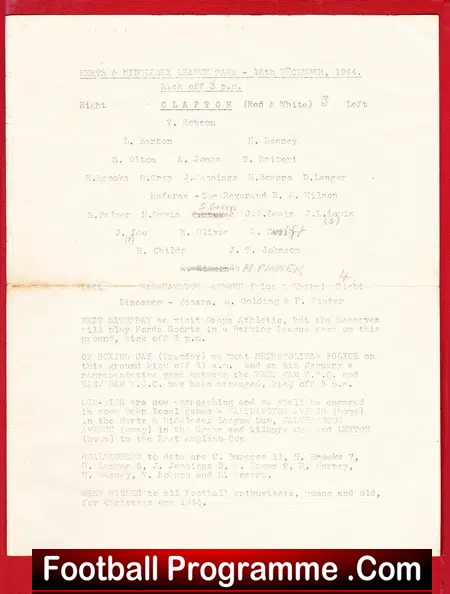 Clapton v Walthamstow Avenue 1944 – 1940s Programme