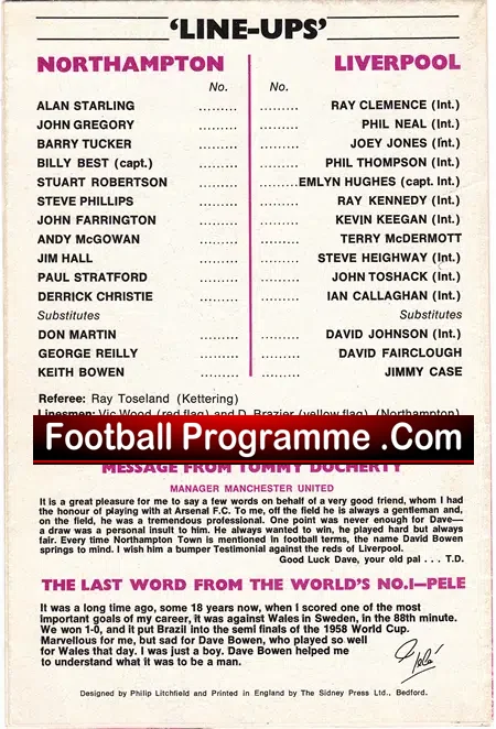 Dave Bowen Testimonial Northampton Town 1977 – and Liverpool