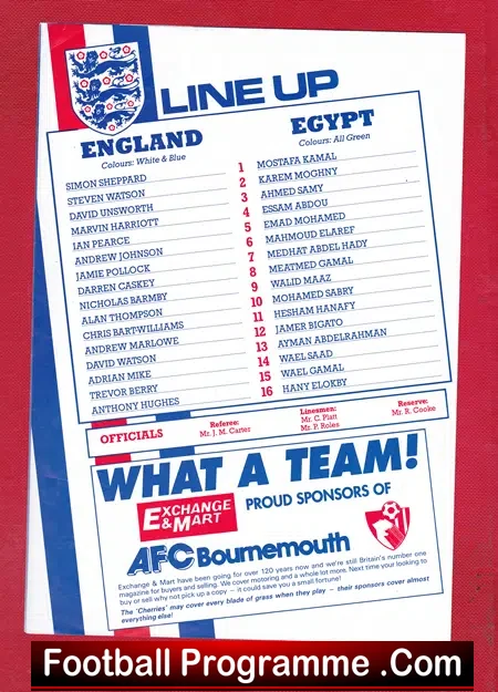England v Egypt 1992 – Under 19 Dean Court Bournemouth – Pollock