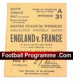 England v France 1945 – Old Football Ticket 1940’s