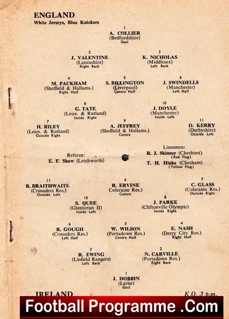 England v Ireland 1955 – Youth –  Vicarage Road Watford