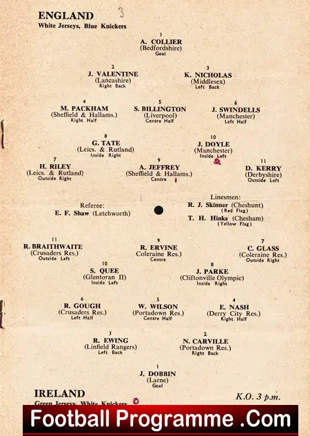 England v Ireland 1955 – Youths Vicarage Road Watford