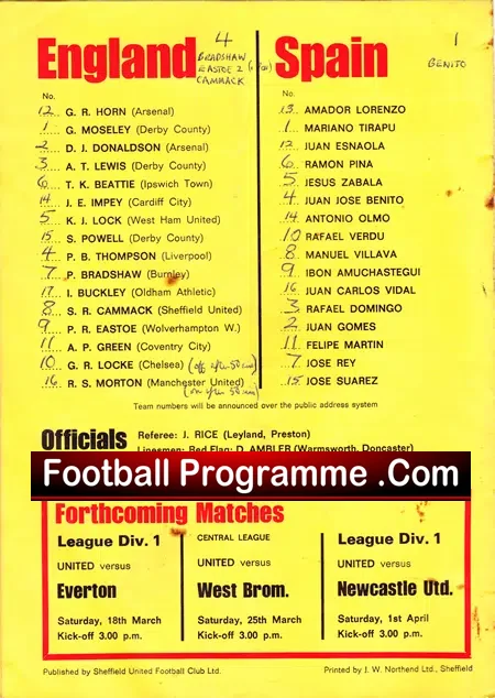 England v Spain 1972 – Youth Bramhall Lane Sheffield – Beattie