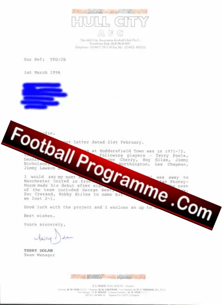 Huddersfield Terry Dolan Autographed Letter – Bradford + BPA