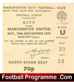 Manchester City v Manchester United 1972 – Football Ticket
