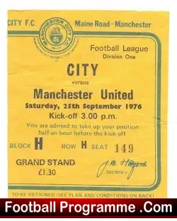 Manchester City v Manchester United 1976 – Football Ticket