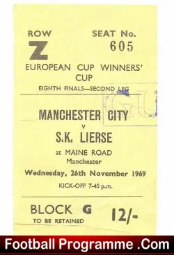 Manchester City v SK Lierse 1969 – ECWC Football Ticket