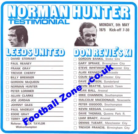Norman Hunter Testimonial Benefit Leeds United + Team Sheet 1975