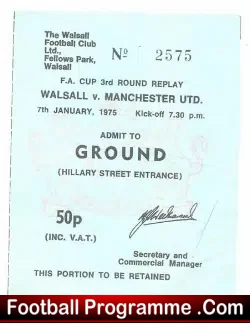 Walsall Town v Manchester United 1975 – FA Cup Replay Ticket